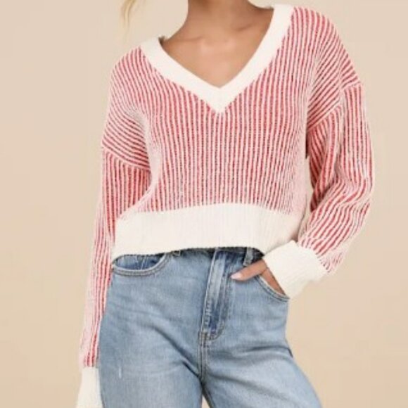Lulus Attractively Cozy Red And White Striped V-neck Pullover Sweater - Size S - Picture 2 of 7
